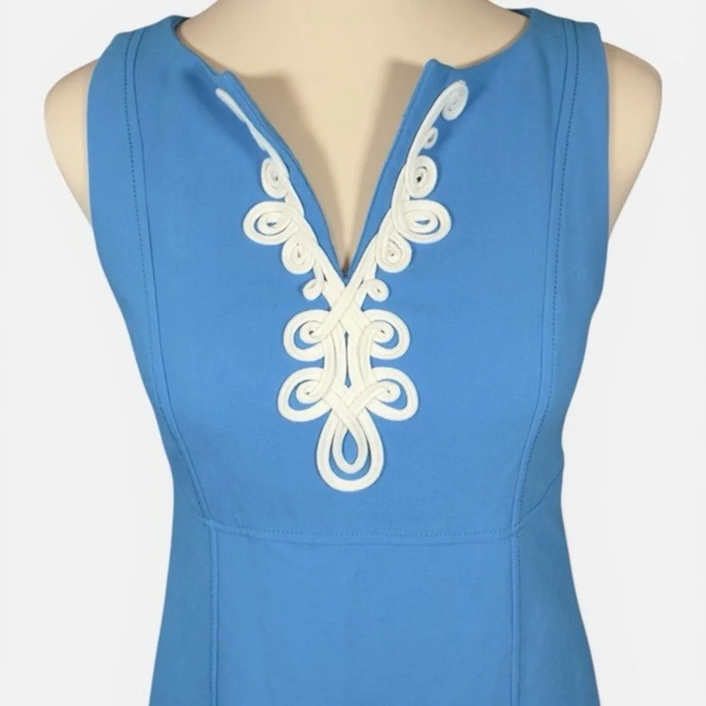 Lilly Pulitzer Blue Soutache Trim Shift Dress Sleeveless Split Neck‎ Size 0 - Picture 3 of 10
